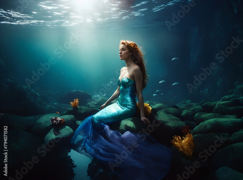 A beautiful mermaid sits in a blue shining dress under water on the stone in the sea bottom. Ai generated