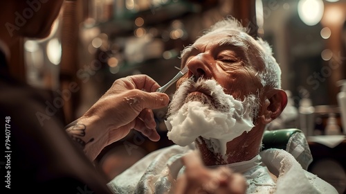 Traditional Barber Shop Experience: Elderly Gentleman Receives Professional Shave