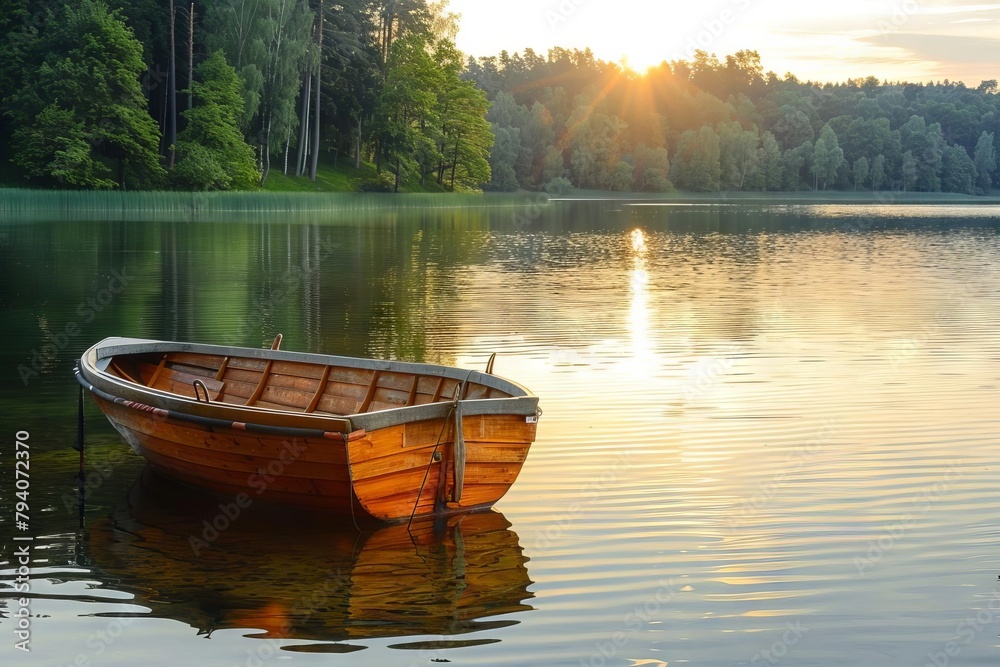 lonely wooden rowboat on calm lake at golden hour serene summer evening landscape