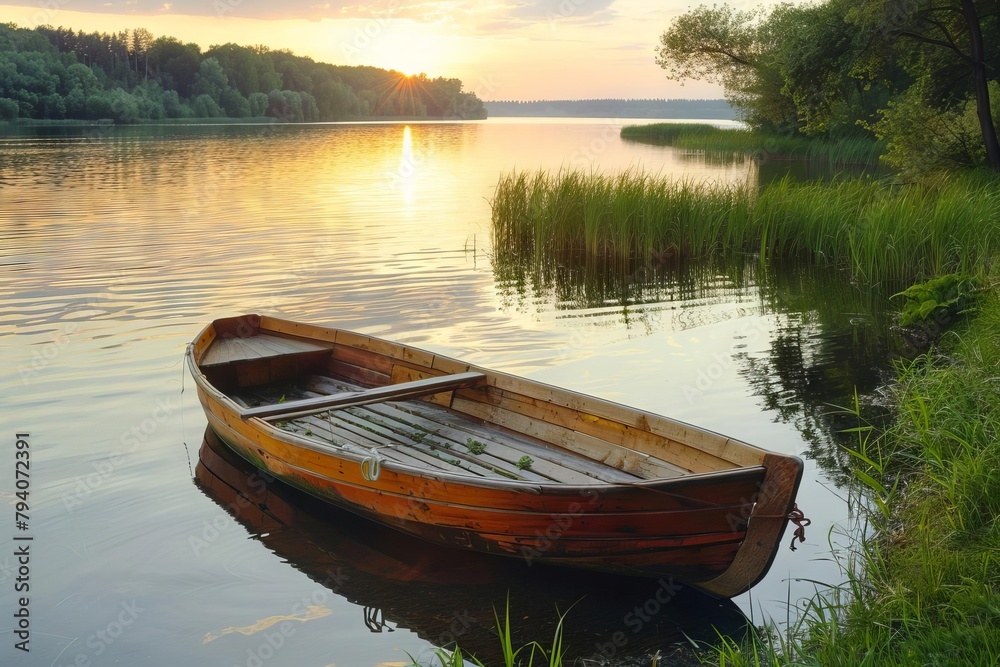 lonely wooden rowboat on calm lake at golden hour serene summer evening landscape