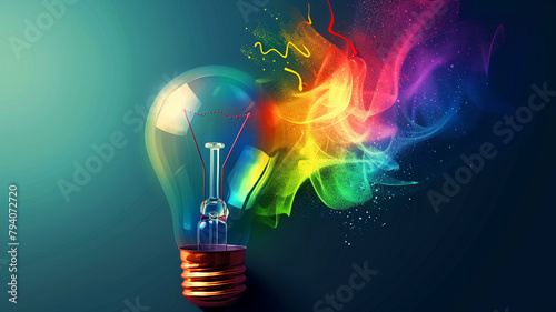 A colorful light bulb is surrounded by a multicolors. The light bulb is lit up and the colors are swirling around it. lightbulb on background with rainbow design elements coming out from the lightbulb