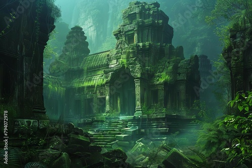lush jungle with overgrown ancient ruins mysterious abandoned temple digital fantasy concept art