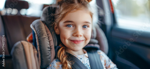 Young girl with blue eyes smiling in car seat