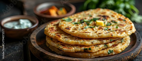 Indian flatbread stuffed with potatoes, aloo paratha, served with butter or curd. Concept Recipe, Indian cuisine, Vegetarian, Stuffed bread, Homemade © Anastasiia