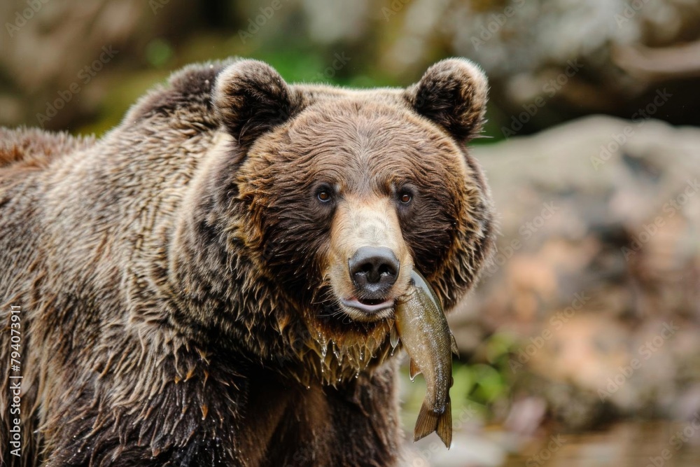 majestic brown bear with freshly caught fish in mouth powerful closeup wildlife portrait