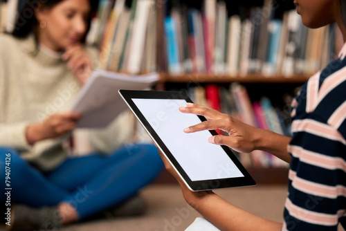 Tablet screen, mockup or women at campus library for reading research, project or homework. College, education or student on digital app for streaming results, help or virtual classroom tutor sign up