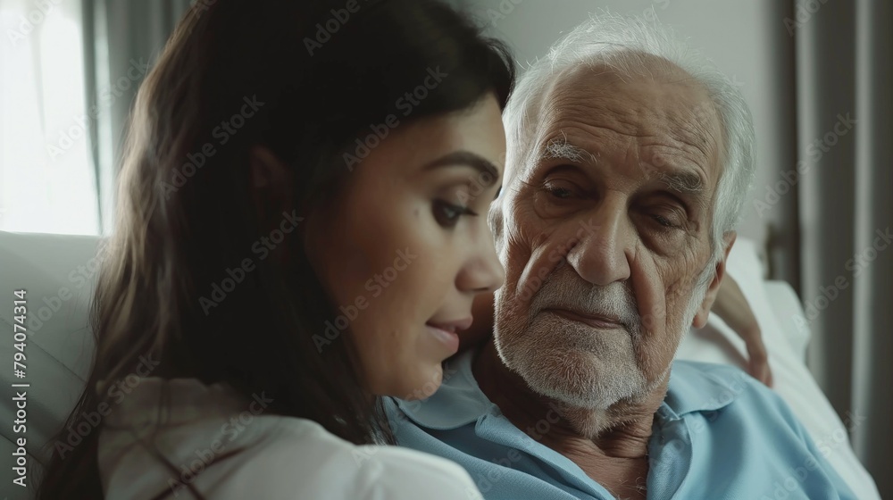 Elderly father and his young daughter having straight talk conversation indoors sitting close on a couch indoors Elderly father and his young daughter having straight talk conversation indoors sitting close on a couch indoors