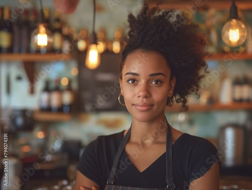 A woman with curly hair stands in front of a bar with a smile on her face. She is wearing a black apron and a pair of earrings