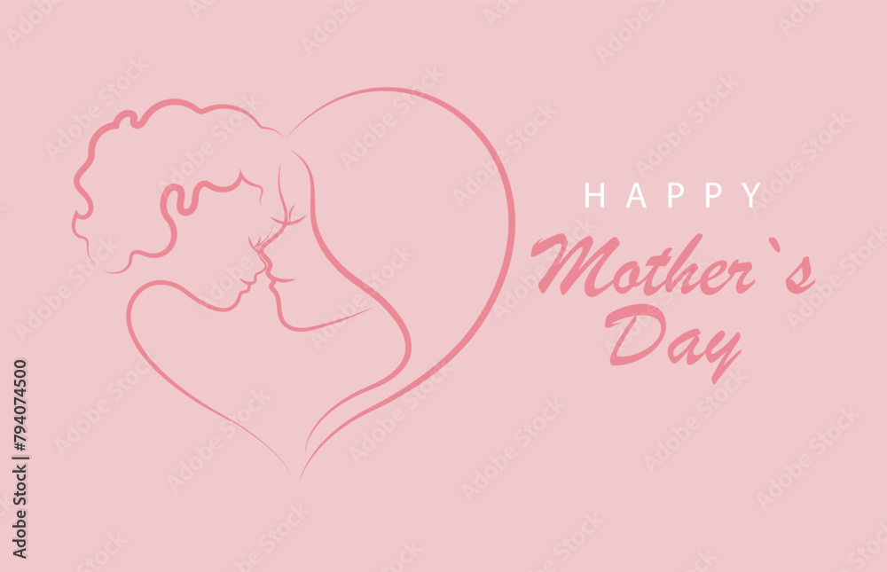 Mother`s day greeting card with hand drawn mother and child silhouette on pink background, vector illustration for cards,banner,poster,invitation