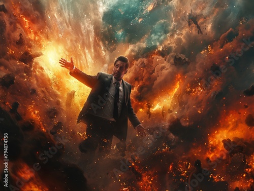 A man in a suit is standing in a fiery explosion. The man is reaching out to the camera, as if he is trying to grab something. The scene is chaotic and intense
