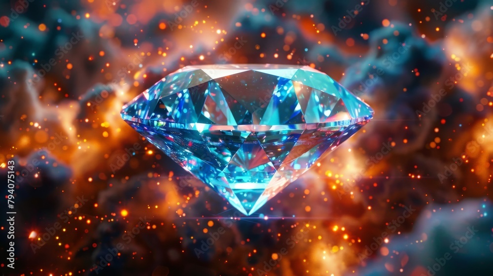A diamond made from glowing particles, resembling a miniature nebula in space, capturing the essence of its brilliance in an abstract form, perfect for a scientific research presentation. A diamond made from glowing particles, resembling a miniature nebula in space, capturing the essence of its brilliance in an abstract form, perfect for a scientific research presentation.