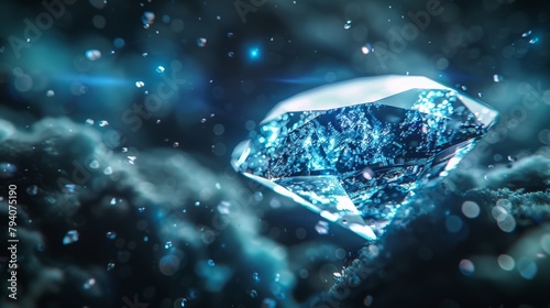 A diamond made from glowing particles, resembling a miniature nebula in space, capturing the essence of its brilliance in an abstract form, perfect for a scientific research presentation. 