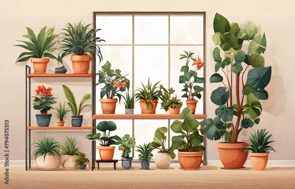 Potted plants and flowers are placed on shelves.