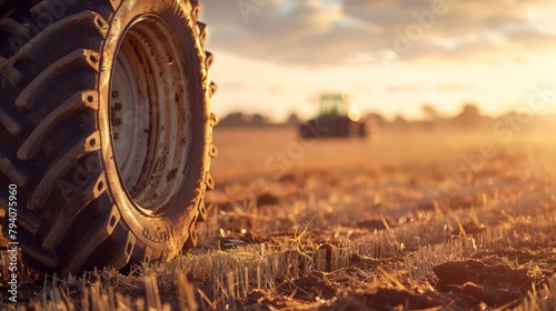 Close up wheel tire Tractor cultivating field, plowing agricultural fields. photo