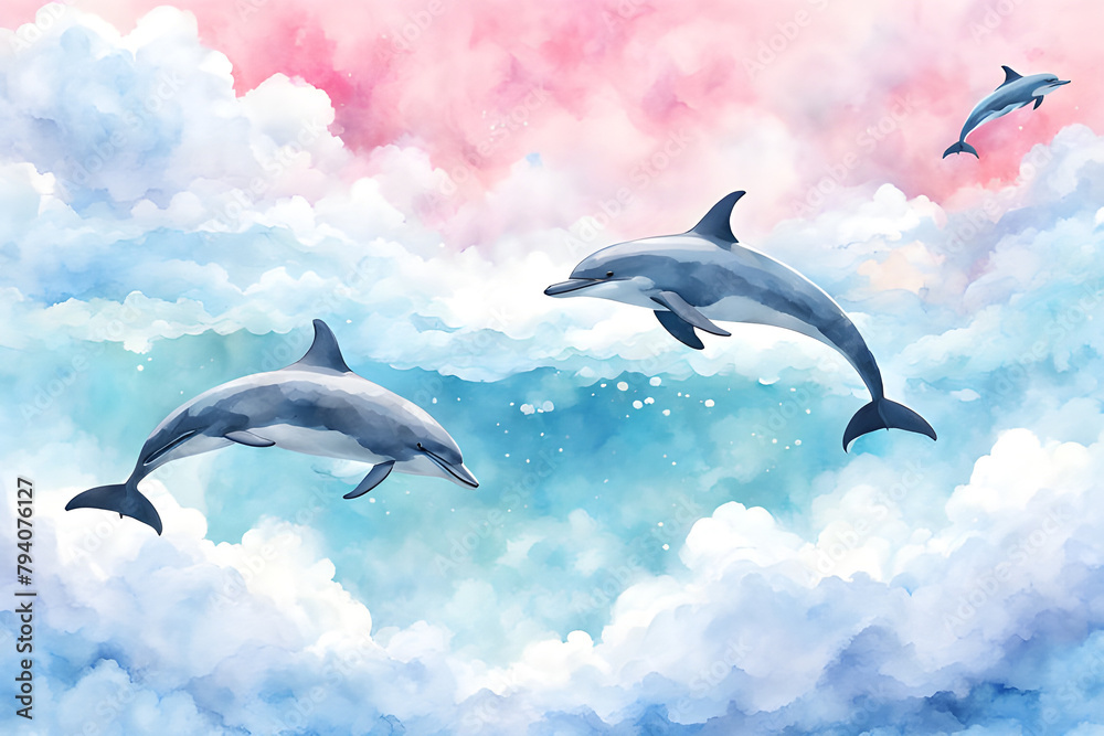 Fototapeta premium fabulous dolphins play in the waves against the sky in pastel colors in a watercolor style. World Dolphin Day