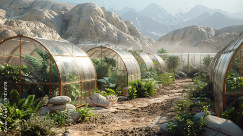 A desert landscape with a row of greenhouses
