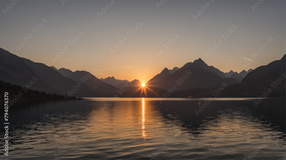 Mountain Sunset Silhouette: Dramatic Reflections on Lake's Surface Mountain Sunset Silhouette: Dramatic Reflections on Lake's Surface