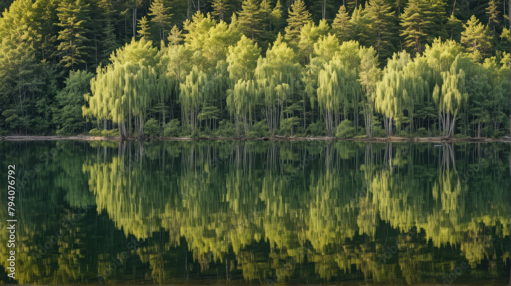 Reflections of Serenity: Tranquil Lake Mirroring Surrounding Trees Reflections of Serenity: Tranquil Lake Mirroring Surrounding Trees