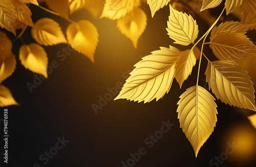 Brown background with golden leaves backlit by sun. Autumn, fall holidays, thanksgiving. Copy space, text space, template, layout, mockup.