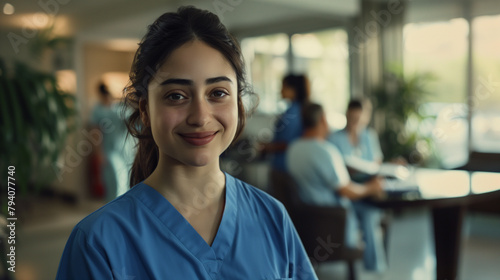 A friendly, young healthcare worker, female nurse smiles in a busy hospital environment, radiating positivity and care. 