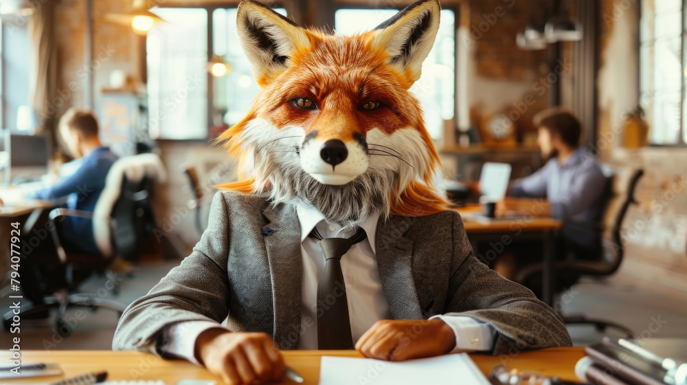 Obraz premium A person wearing a fox mask and business suit is seated at a desk with paperwork, in a modern office setting