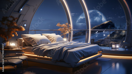3d illustration visualized interior of futuristic bedroom for soothing deep sleep.