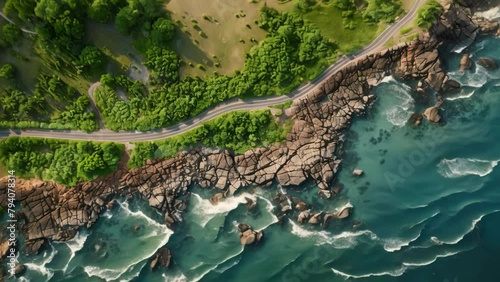 Aerial view of curved asphalt road near the ocean or sea, coastline photo