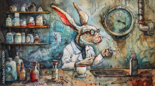 A painting depicting a rabbit in a laboratory setting, surrounded by scientific equipment and tools
