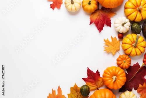 Autumn composition. Dried leaves  pumpkins  flowers  berries on white background. Autumn  fall concept. Flat lay  top view  copy space. High quality photo
