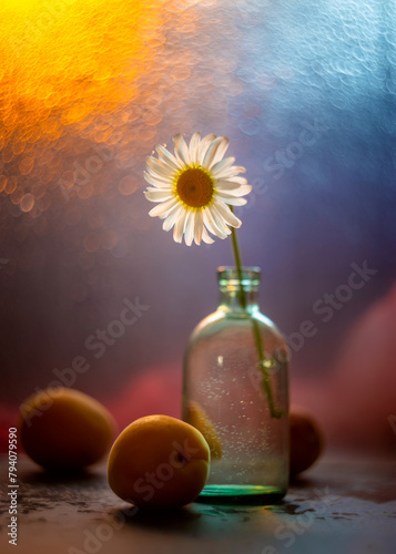 Chamomile in a glass bottle and a wet window after rain and sun rays