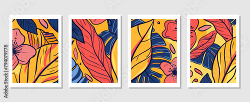 set of abstract vector backgrounds featuring tropical leaves. Hand-drawn textures suitable for wall decoration, postcard designs, or brochure covers.
