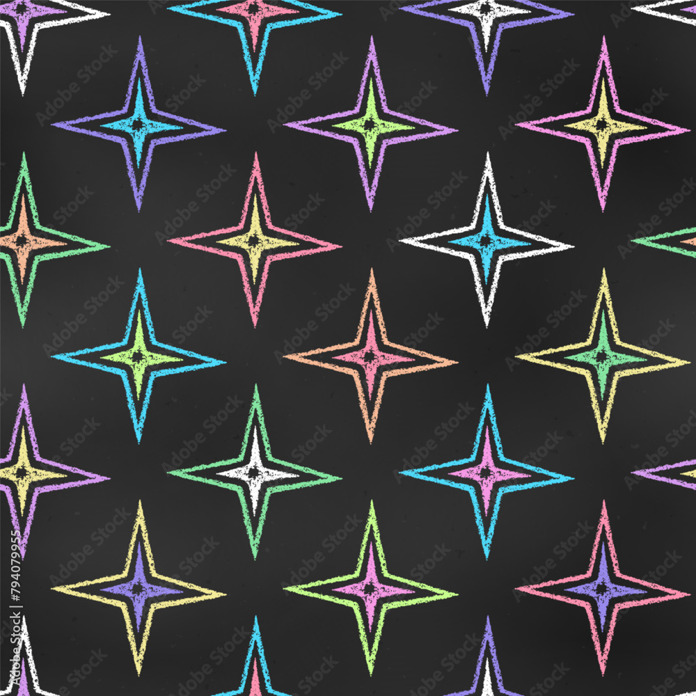 Seamless Grunge Pattern of Chalk Drawn Sketches Colorful Stars on Chalkboard Backdrop. Retro Starry Print. Seamless Grunge Pattern of Chalk Drawn Sketches Colorful Stars on Chalkboard Backdrop. Retro Starry Print.