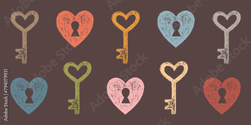 Set of Hand-drawn Isolated Objects Hearts and Keys of Different Colors. Style of Children's Drawing.