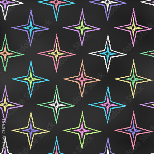 Seamless Grunge Pattern of Chalk Drawn Sketches Colorful Stars on Chalkboard Backdrop. Retro Starry Print.