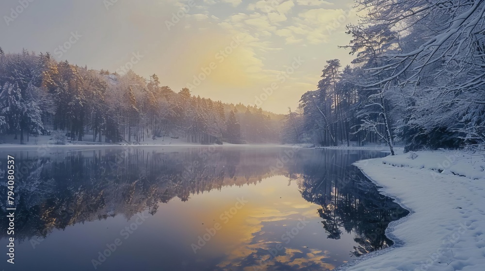 serene winter wonderland with frozen lake reflecting frosty trees in snowy forest at golden hour landscape photography