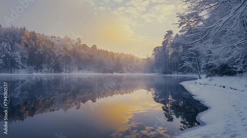 serene winter wonderland with frozen lake reflecting frosty trees in snowy forest at golden hour landscape photography