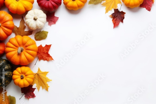 Autumn composition. Dried leaves  pumpkins  flowers  berries on white background. Autumn  fall concept. Flat lay  top view  copy space. High quality photo