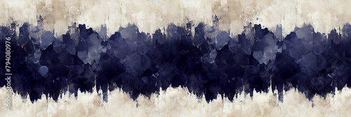 Beautiful abstract panoramic background. Blurred strokes and blots of inky blue on a beige background. Wide texture with seamless pattern. Great for design and header. Generative AI. photo