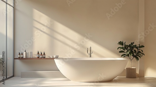 A minimalist bathroom with a sleek bathtub and a shelf of unbranded skincare products. photo