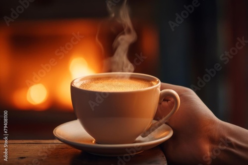 Closeup of a hand model holding a cup of coffee, with a softly focused background to enhance the warmth and comfort of the scene