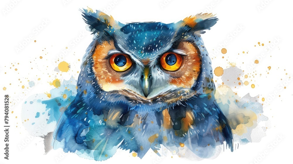 Vibrant Watercolor Owl with Playful Clipart Accents