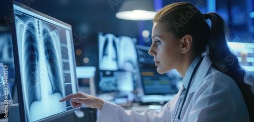 Young female intern doctor evaluating the lungs x-ray on her computer