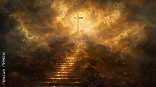 stairway to heaven glowing cross at top of stairs spiritual salvation concept religious digital painting photo