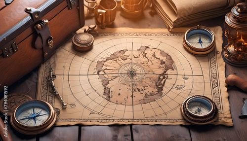 Old map on a wooden table, and other adventurer objects