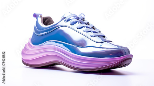 Isolated on a white background are glossy blue and purple sneakers with foam soles.