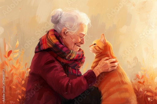 a grandmother in a colorful scarf, a burgundy woolen jacket and a dark skirt strokes a cat and smiles