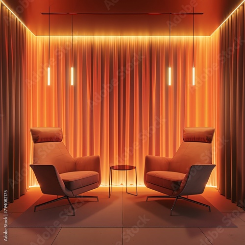 Modern therapy room, two chairs facing each other, warm tones, overhead soft lighting, 