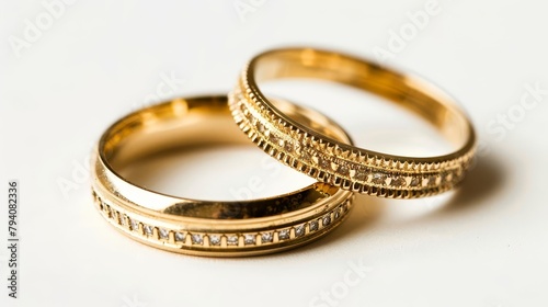 two golden wedding rings love and marriage symbol shiny precious metal bands closeup isolated on white