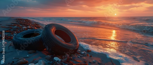 Rubber tires littered on sunset beach from refugees crossing Mediterranean to Europe. Concept Refugee Crisis, Environmental Impact, Migration Challenges, Humanitarian Crisis, Global Issues photo