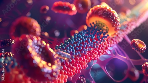 Nanomedicine application, drug delivery in bloodstream, close-up, vivid graphics,  photo